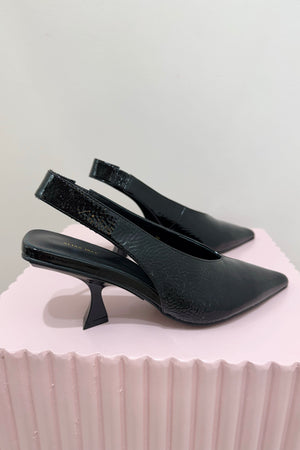 Alias Mae Frankie Slingback Heel | Black Crinkle Patent