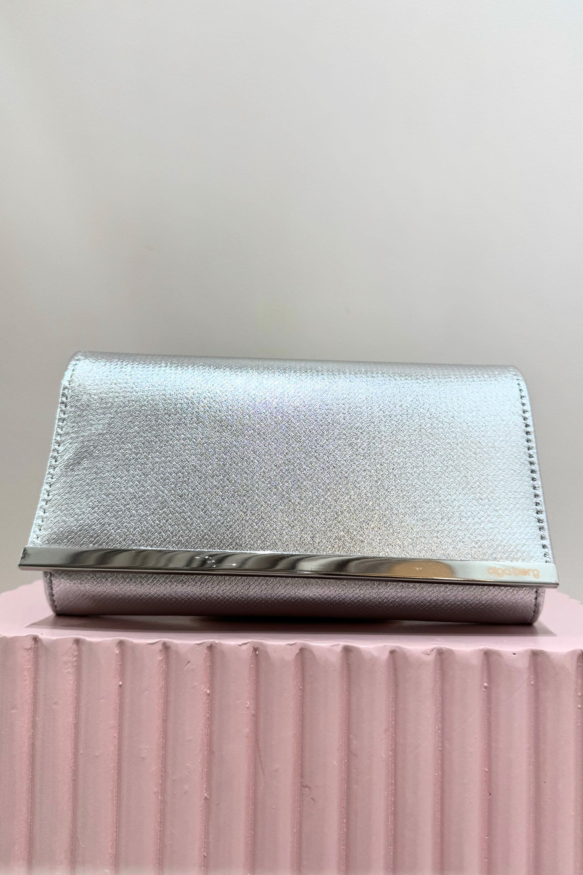 Olga Berg Maddie Metallic Embossed Fold Over Clutch | Silver