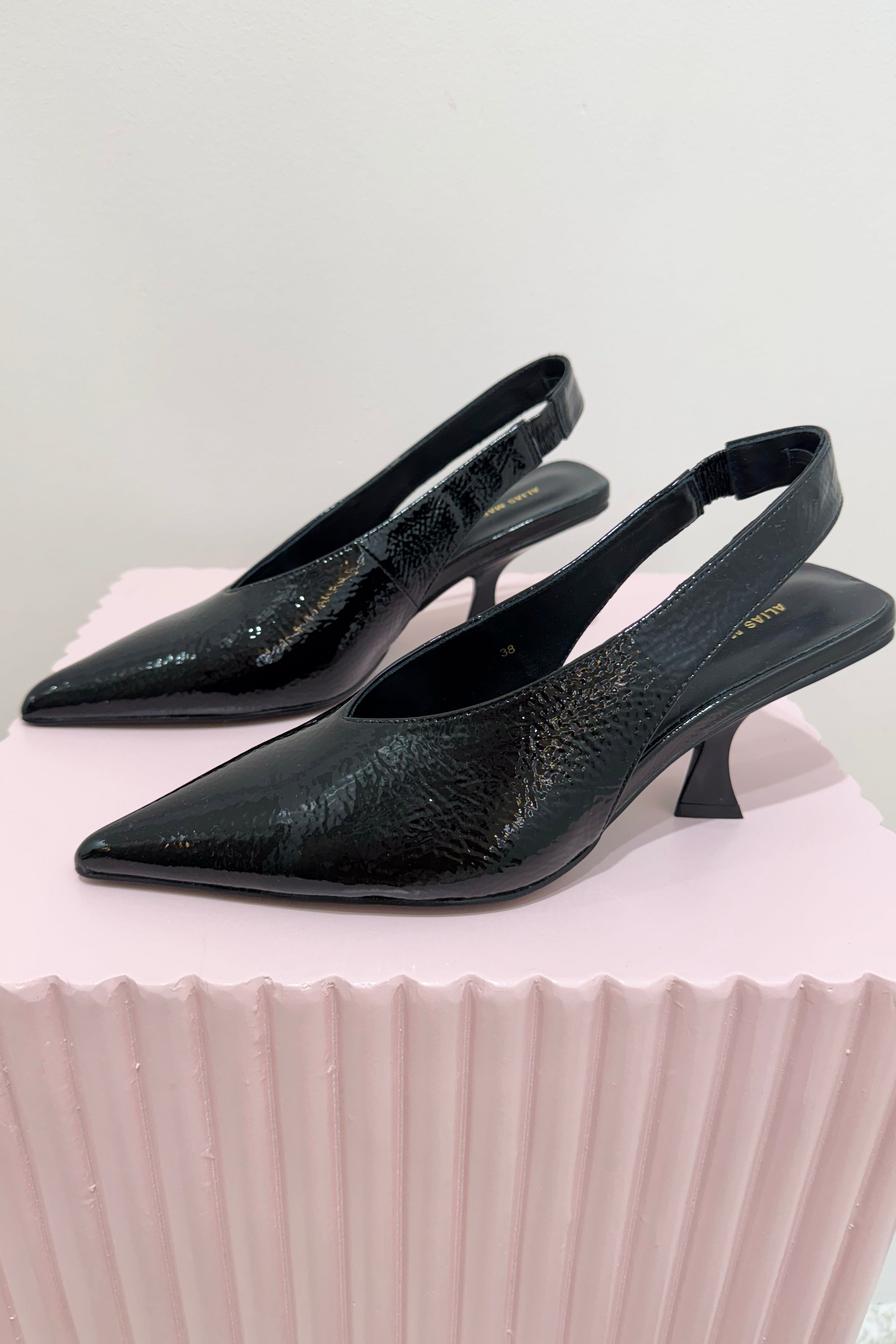 Alias Mae Frankie Slingback Heel | Black Crinkle Patent