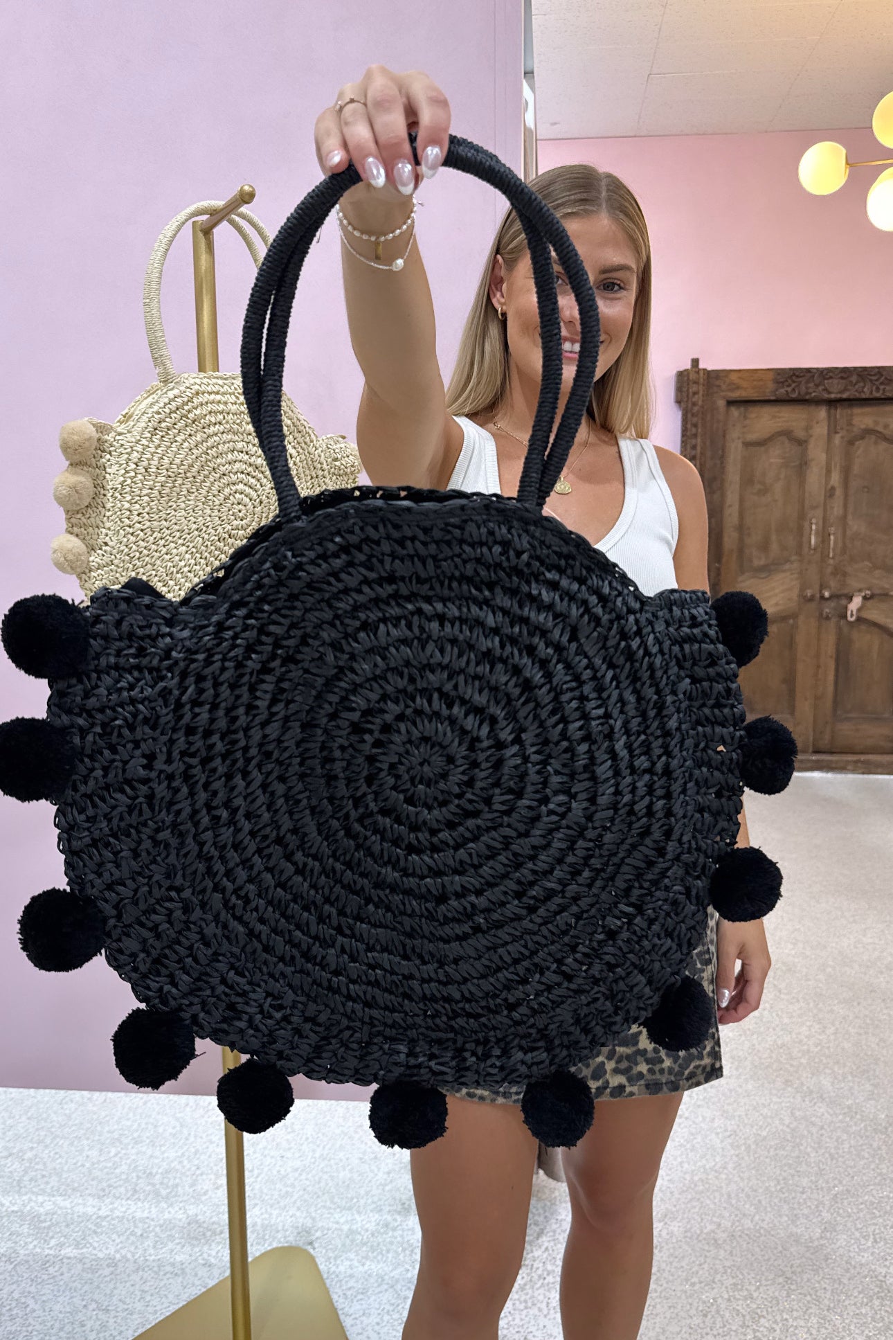 Chosen By Fifi & Annie The Gianna Round Pom Pom Bag | Black