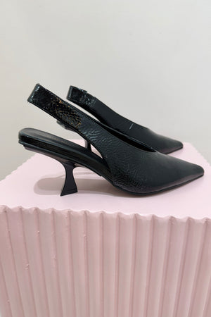 Alias Mae Frankie Slingback Heel | Black Crinkle Patent