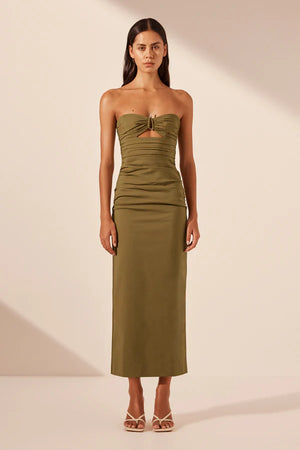 Shona Joy Lani Strapless Gathered Midi Dress | Army Green