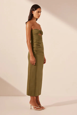 Shona Joy Lani Strapless Gathered Midi Dress | Army Green