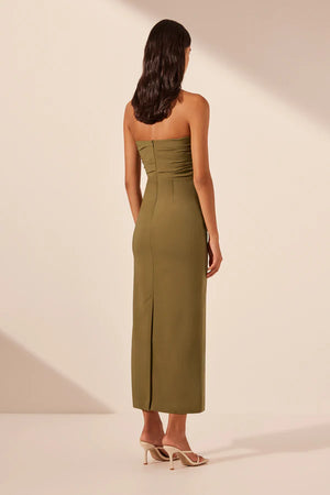 Shona Joy Lani Strapless Gathered Midi Dress | Army Green