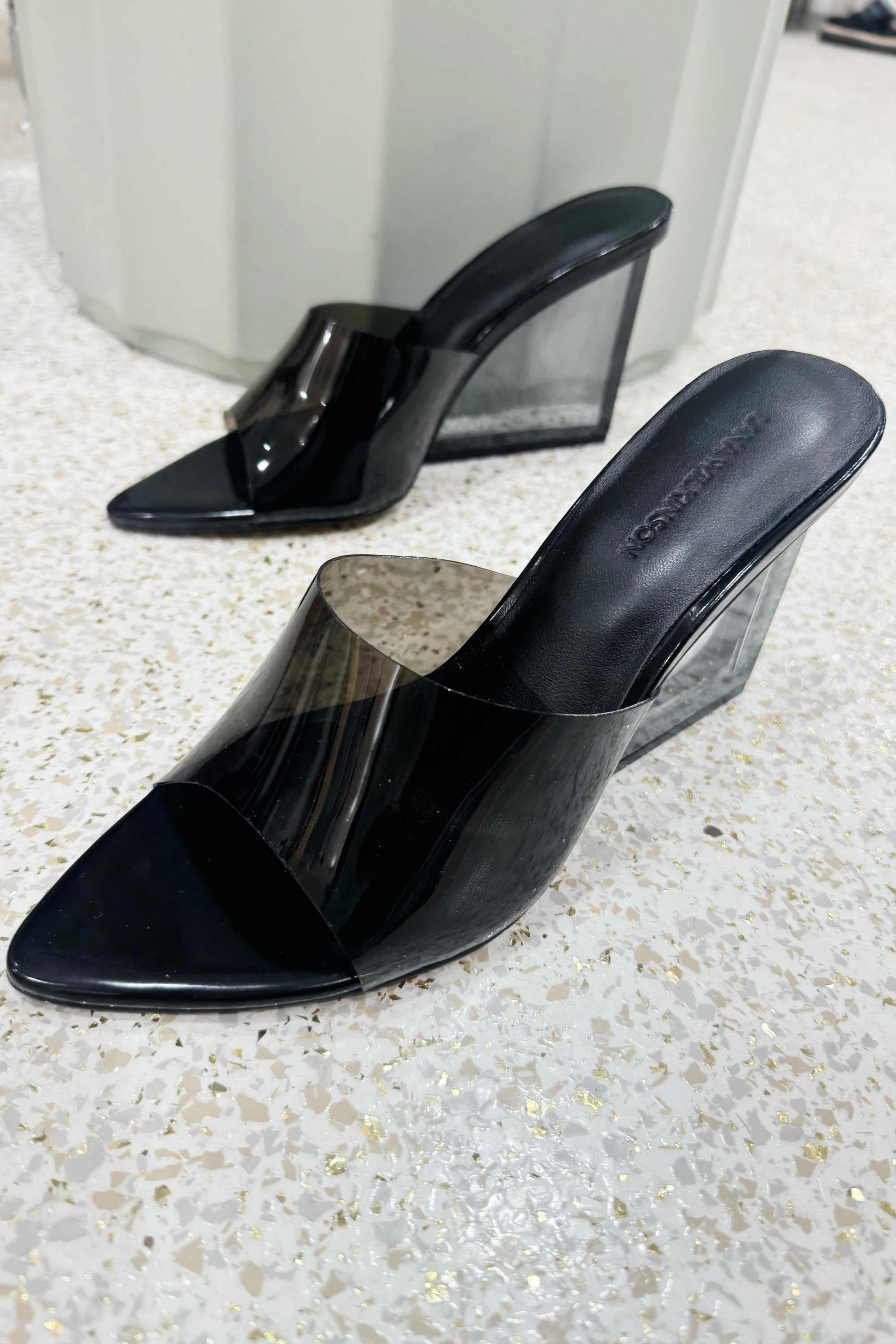 Lana Wilkinson Sara Wedge | Lucite & Black Leather