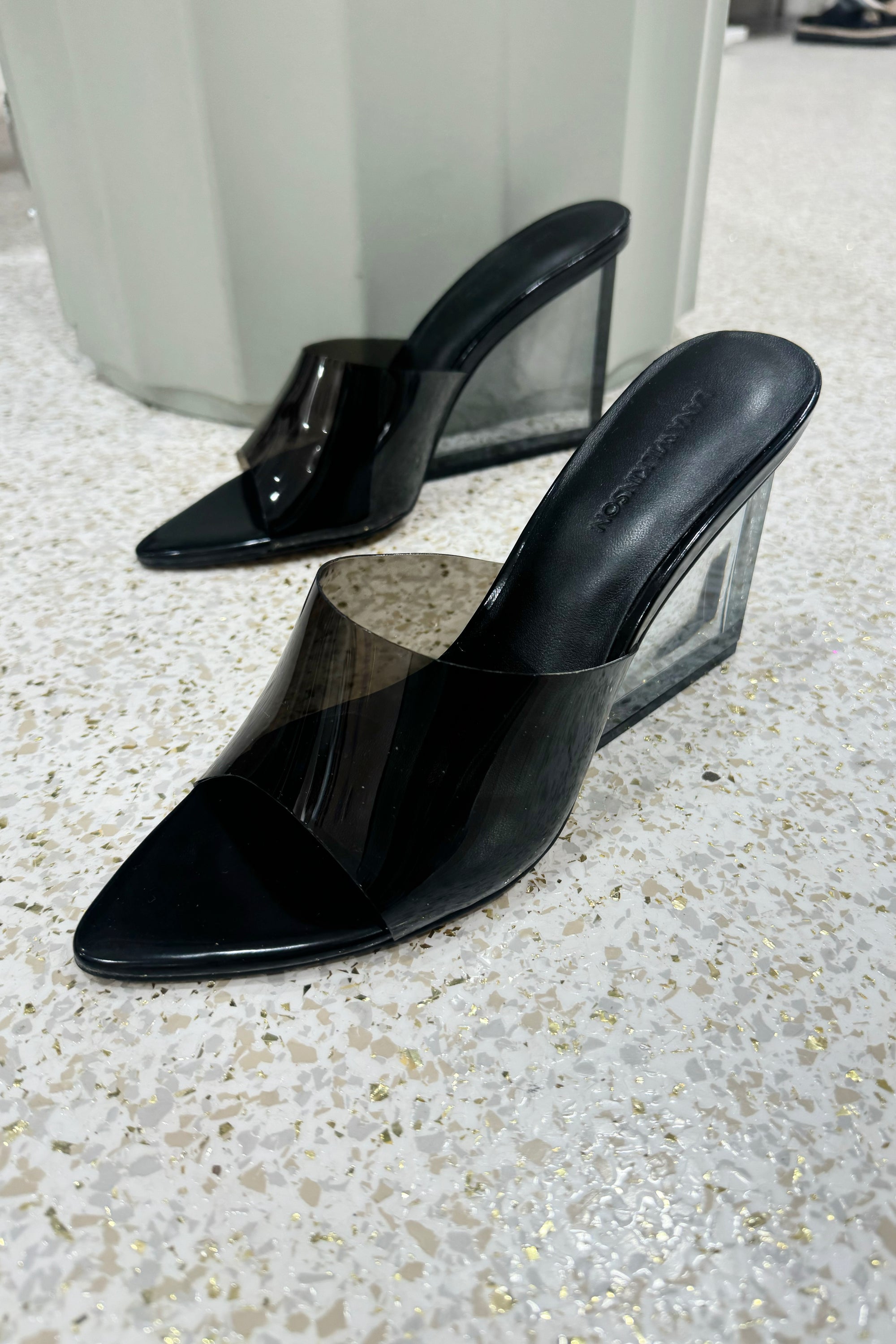 Lana Wilkinson Sara Wedge | Lucite & Black Leather