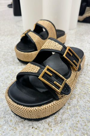 Siren Aphrodite Woven Flatform Slide| Natural Weave / Black