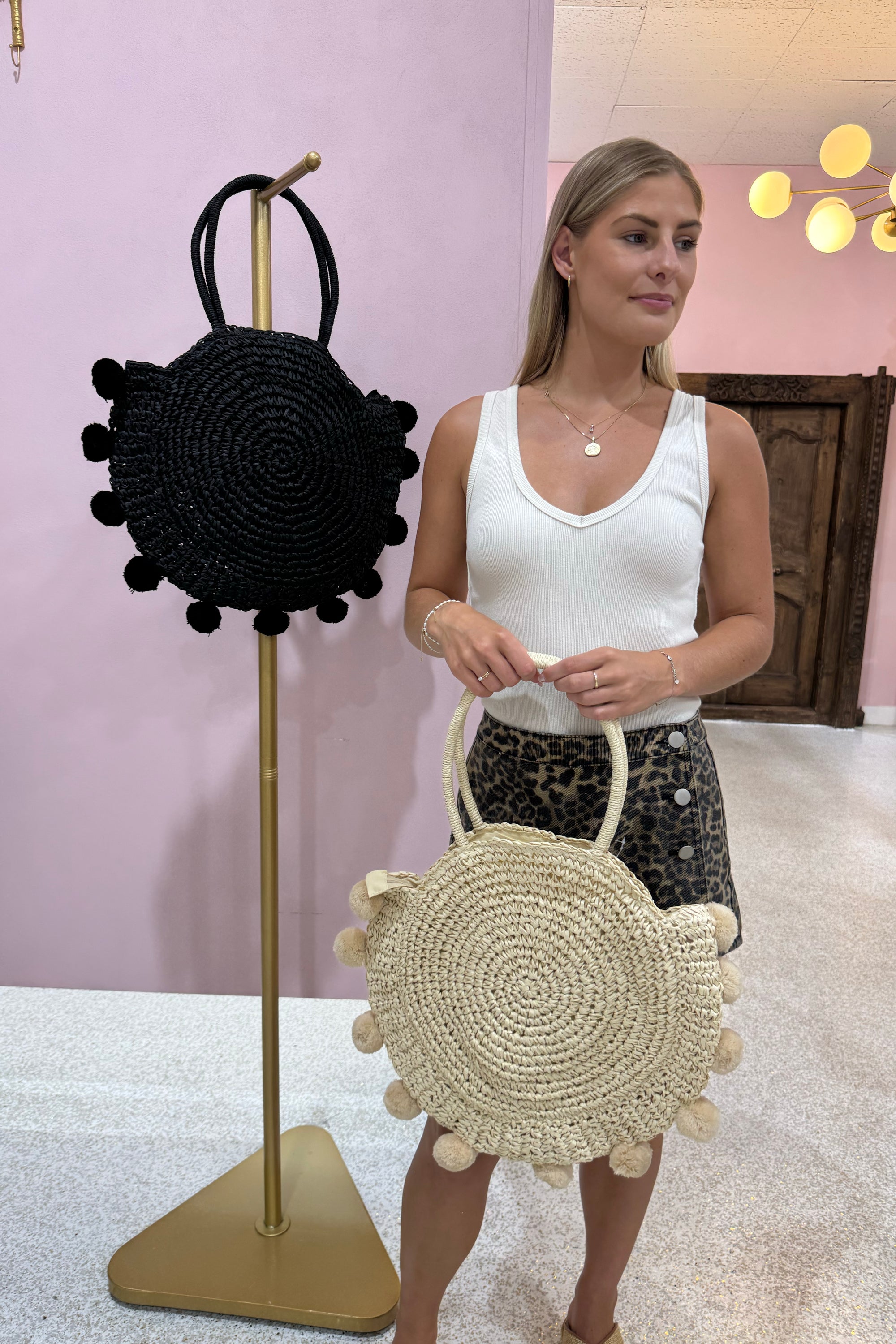 Chosen By Fifi & Annie The Gianna Round Pom Pom Bag | Natural