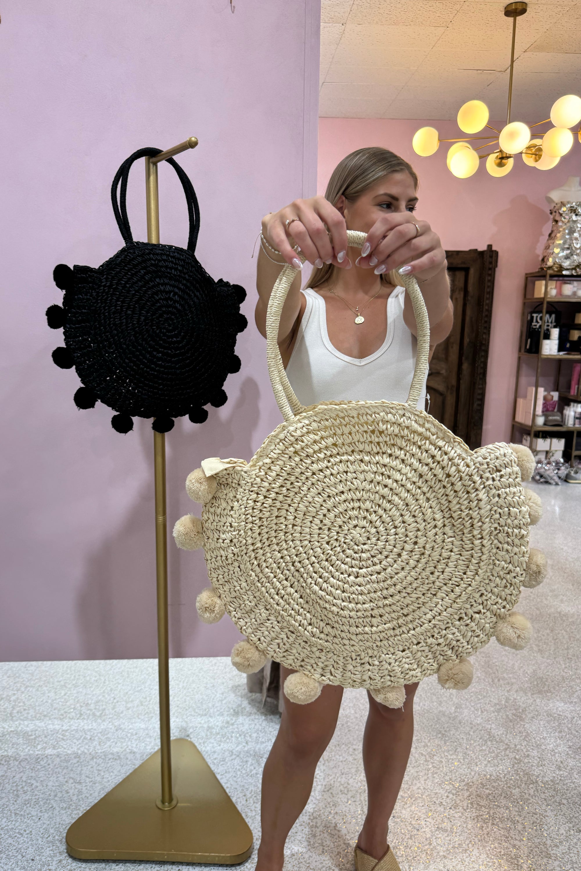 Chosen By Fifi & Annie The Gianna Round Pom Pom Bag | Natural