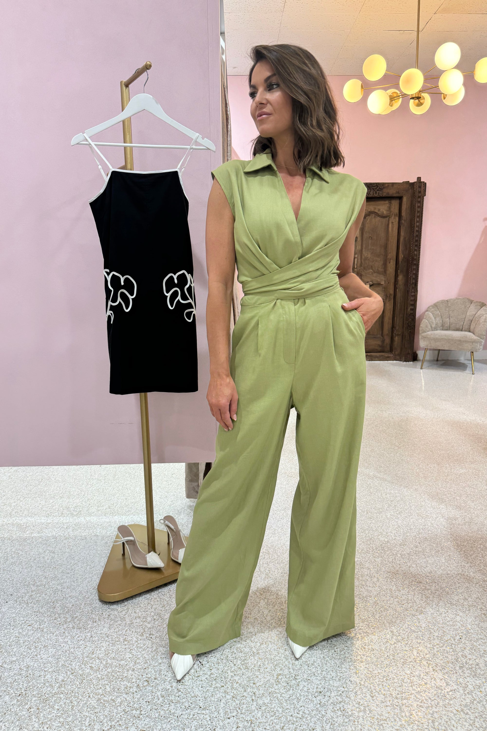 Chosen By Fifi & Annie The Lottie Linen Jumpsuit | Bright Sage