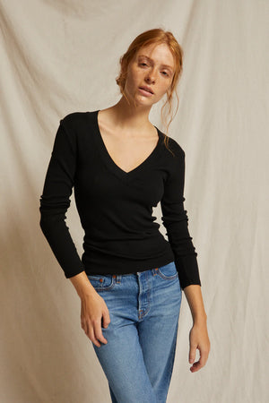 Perfect White Tee Viola V Neck Rib Long Sleeve | True Black