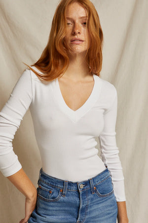 Perfect White Tee Viola V Neck Rib Long Sleeve | White