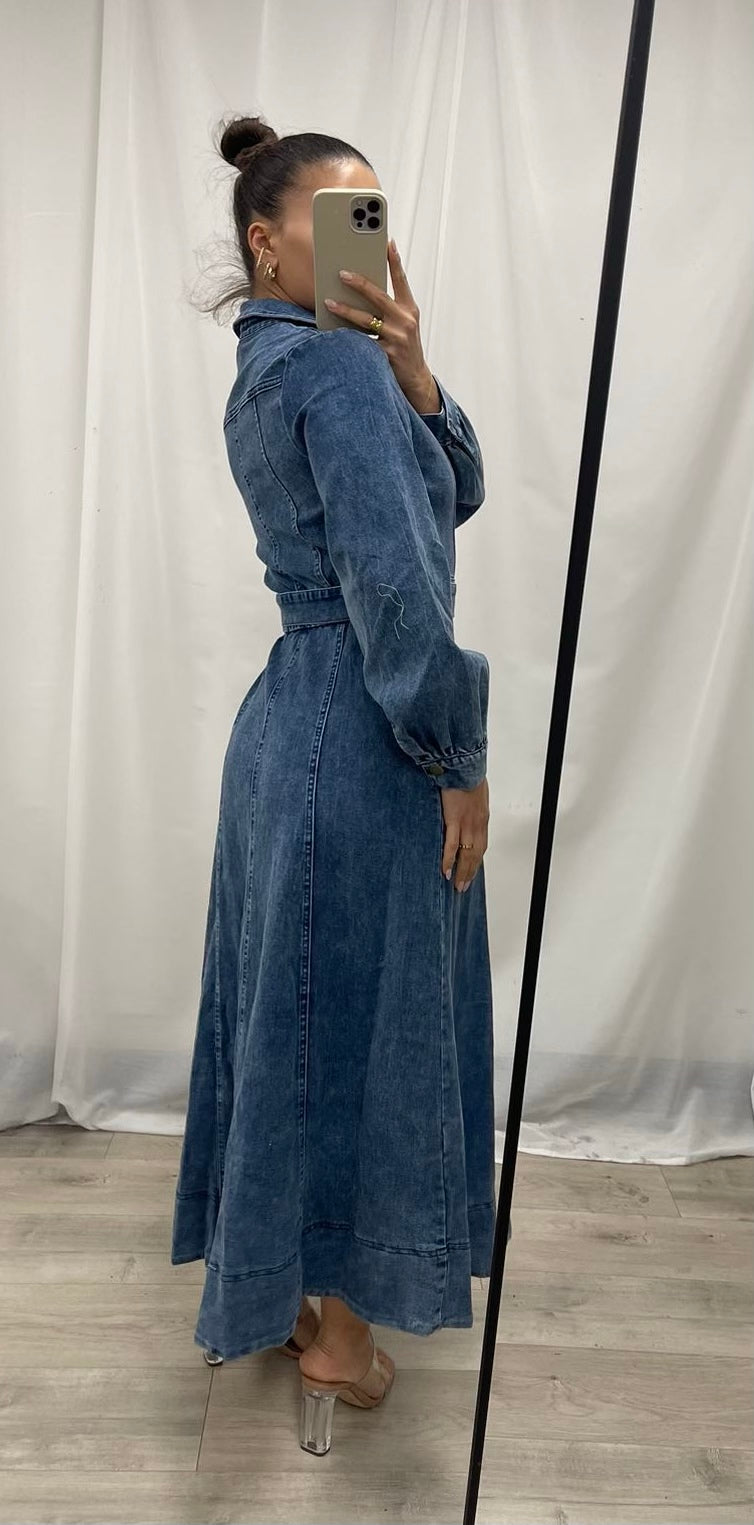 Chosen By Fifi Annie The Long Sleeve Denim Maxi Dress Dark Denim Fifi Annie Boutique